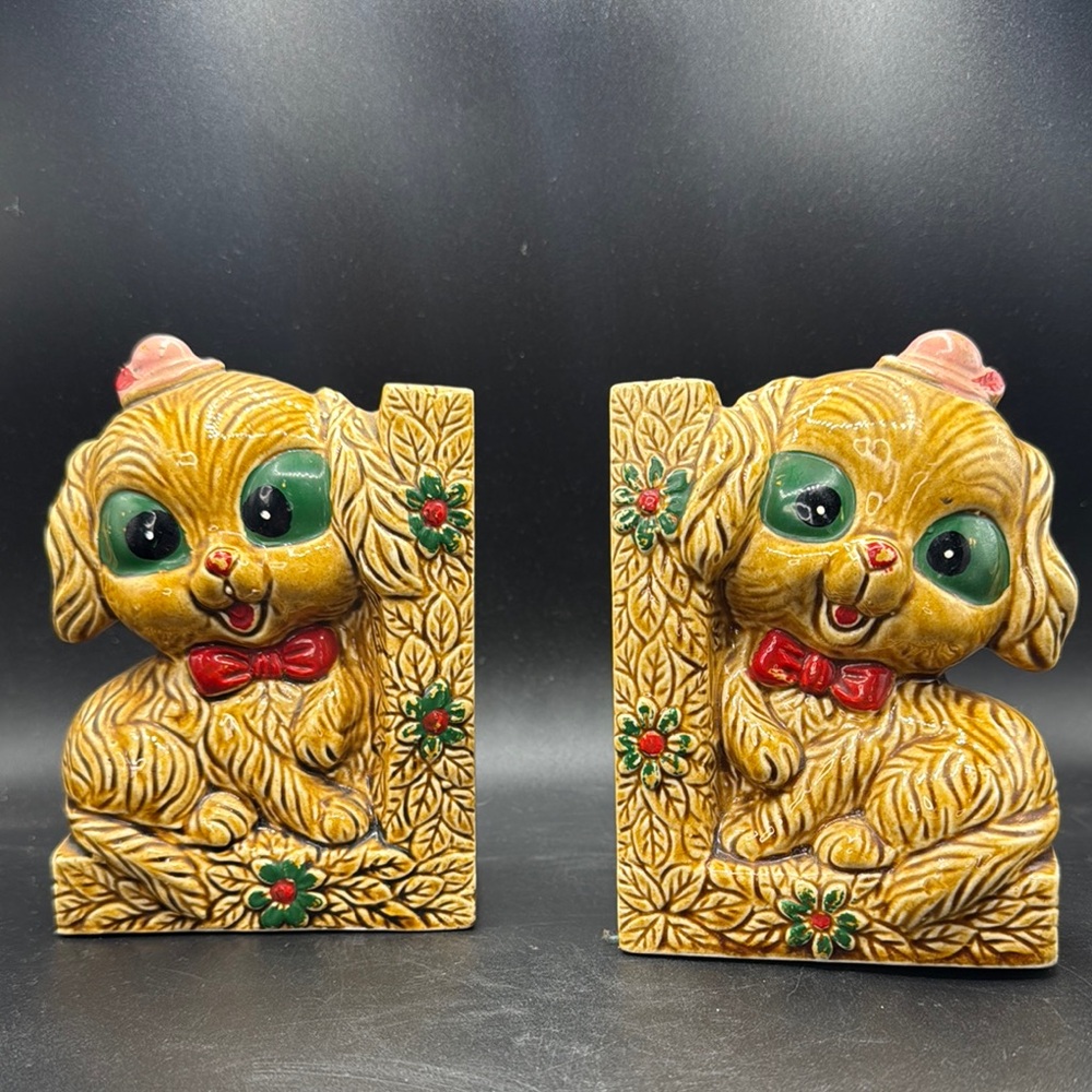 Vintage Dog Bookends with Red Bow